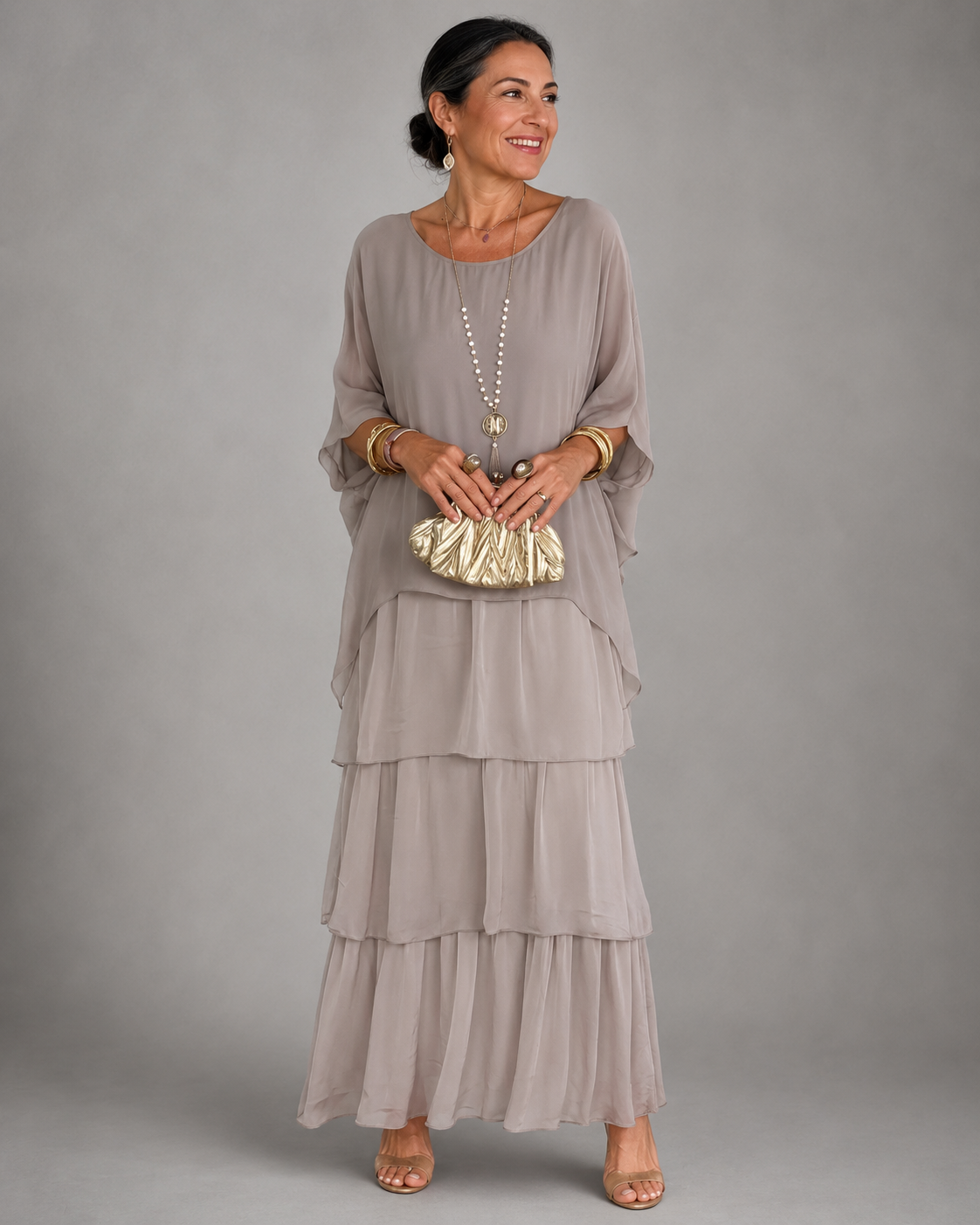 Women's Chiffon Tiered Maxi Dress with Cape Sleeves