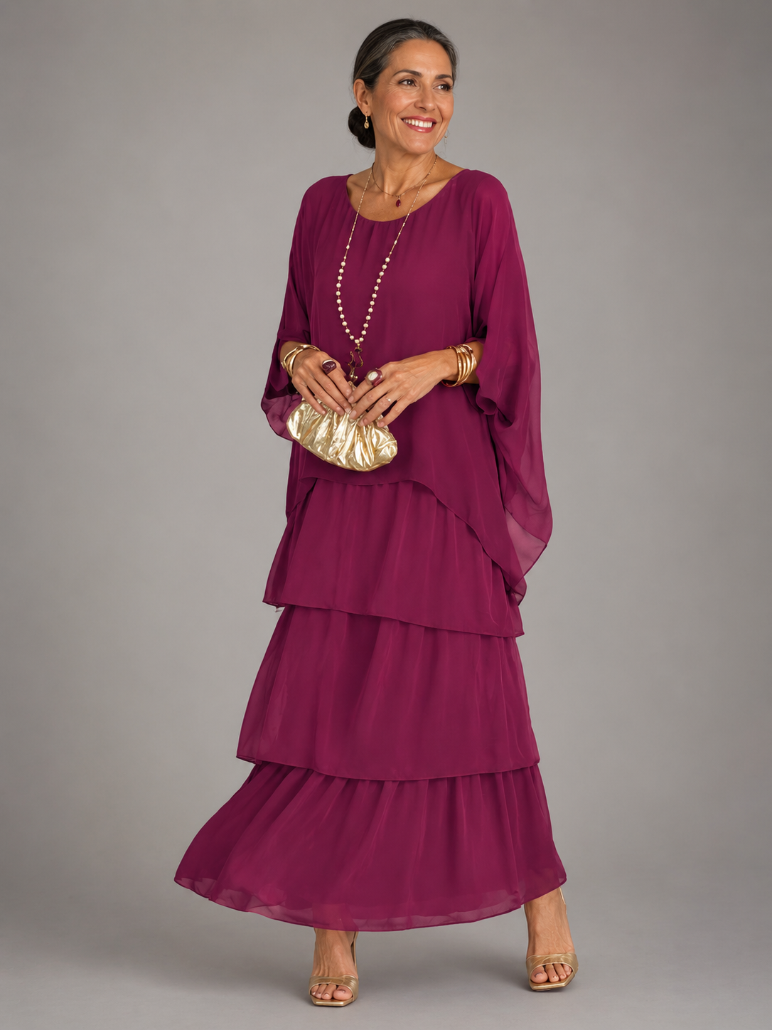 Women's Chiffon Tiered Maxi Dress with Cape Sleeves