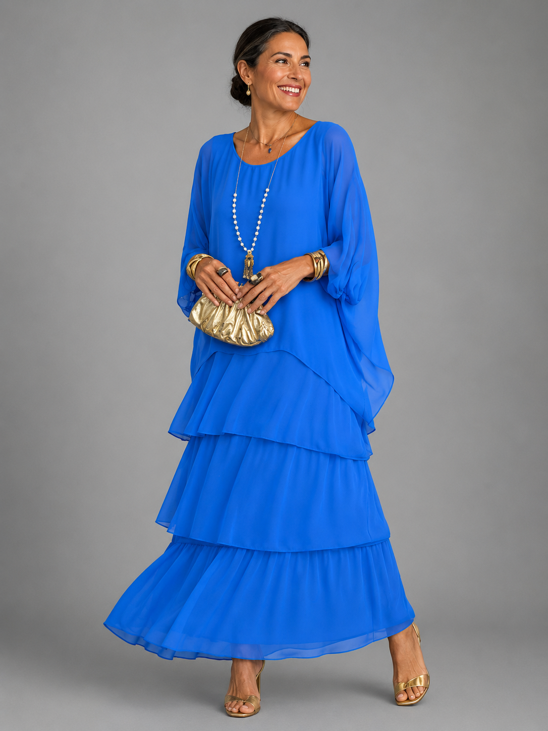 Women's Chiffon Tiered Maxi Dress with Cape Sleeves