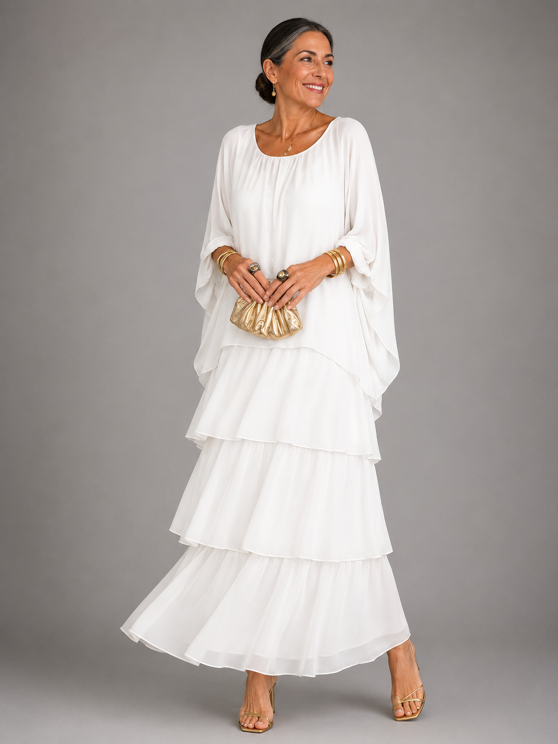 Women's Chiffon Tiered Maxi Dress with Cape Sleeves