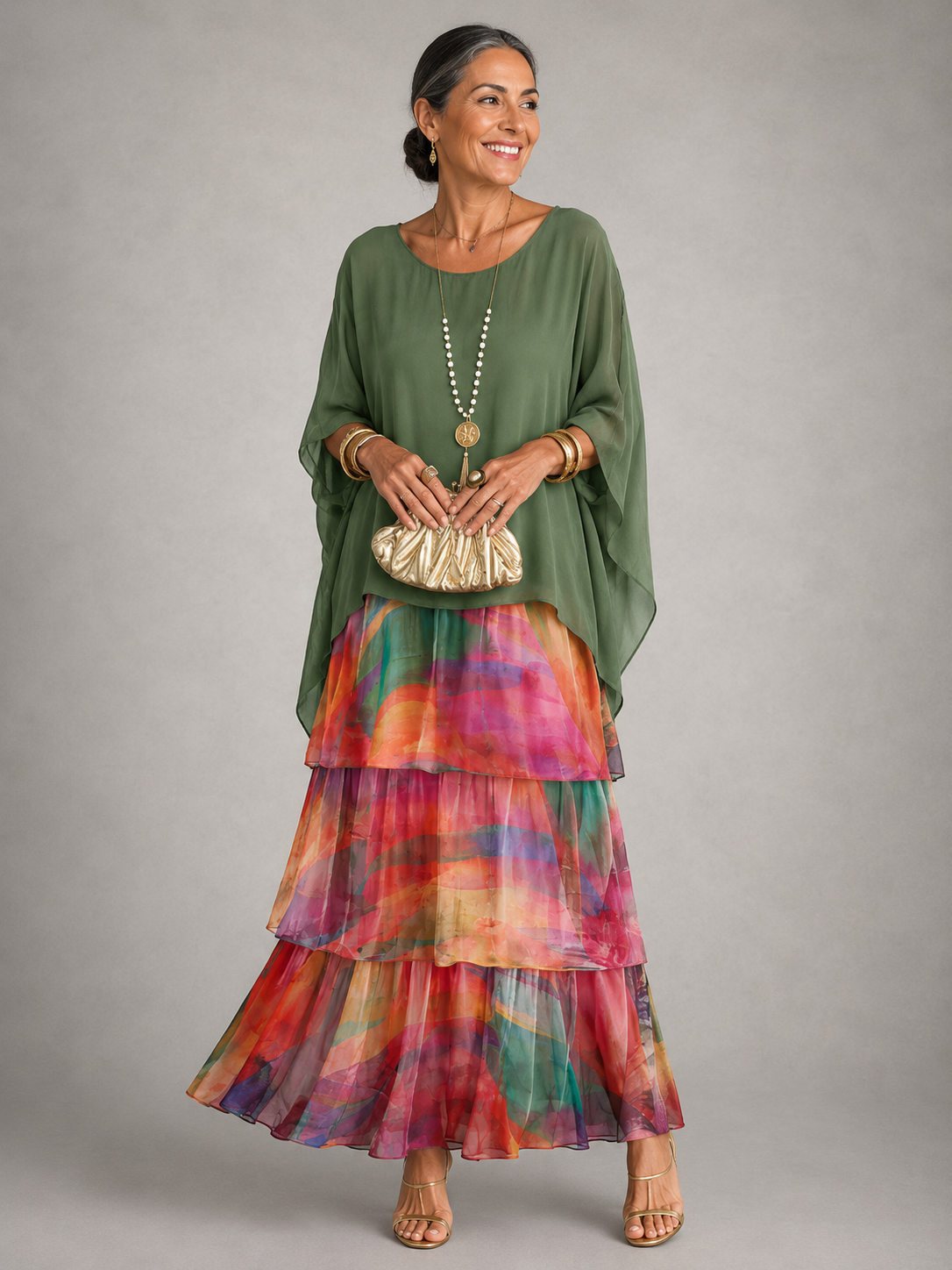 Women's Chiffon Tiered Maxi Dress with Cape Sleeves