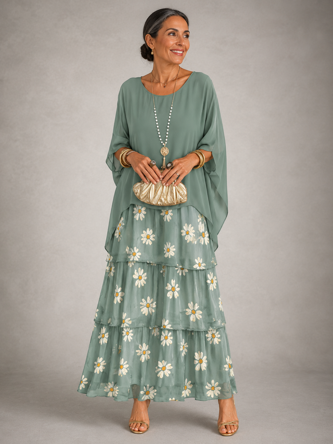 Women's Chiffon Tiered Maxi Dress with Cape Sleeves