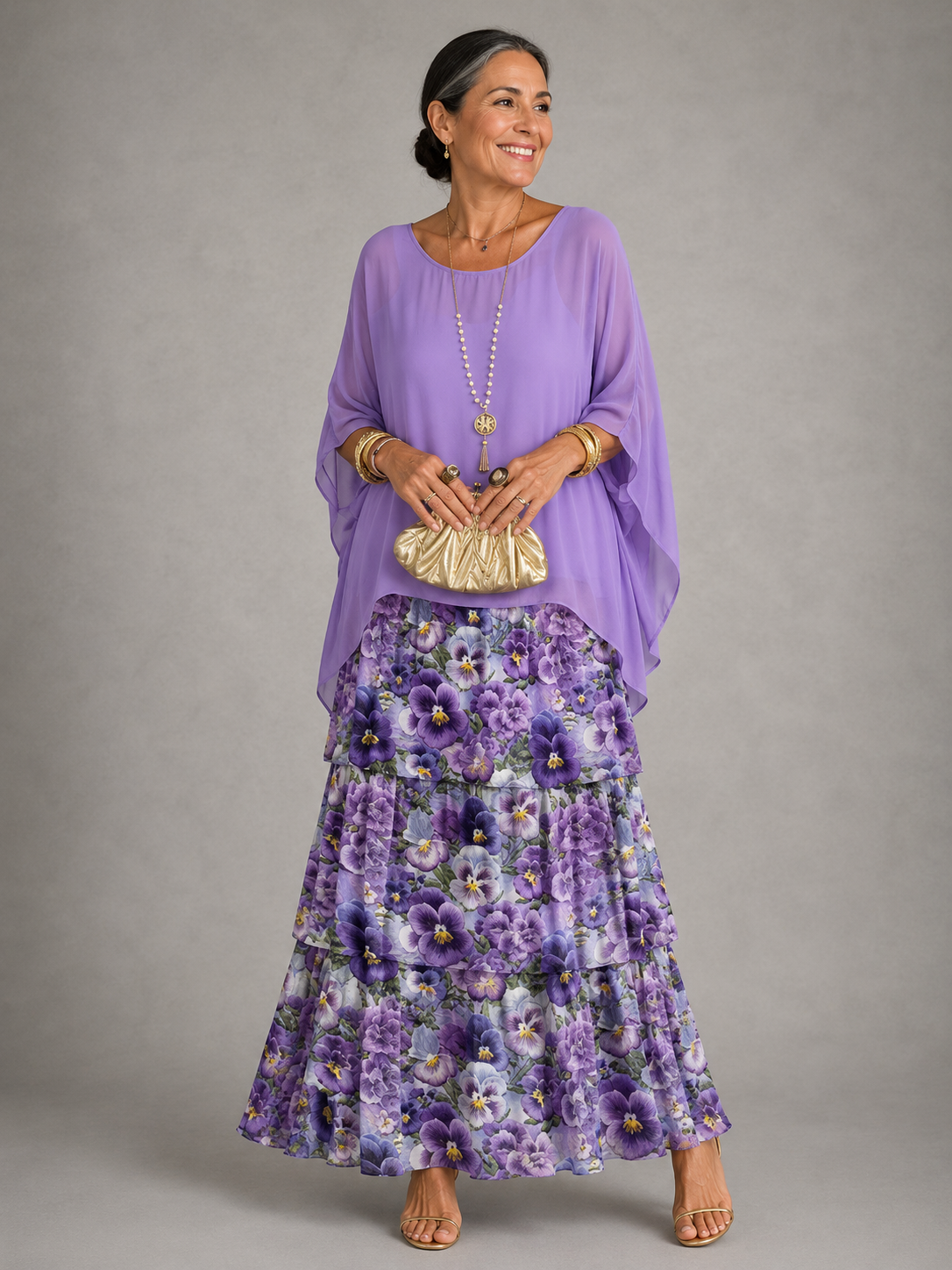 Women's Chiffon Tiered Maxi Dress with Cape Sleeves