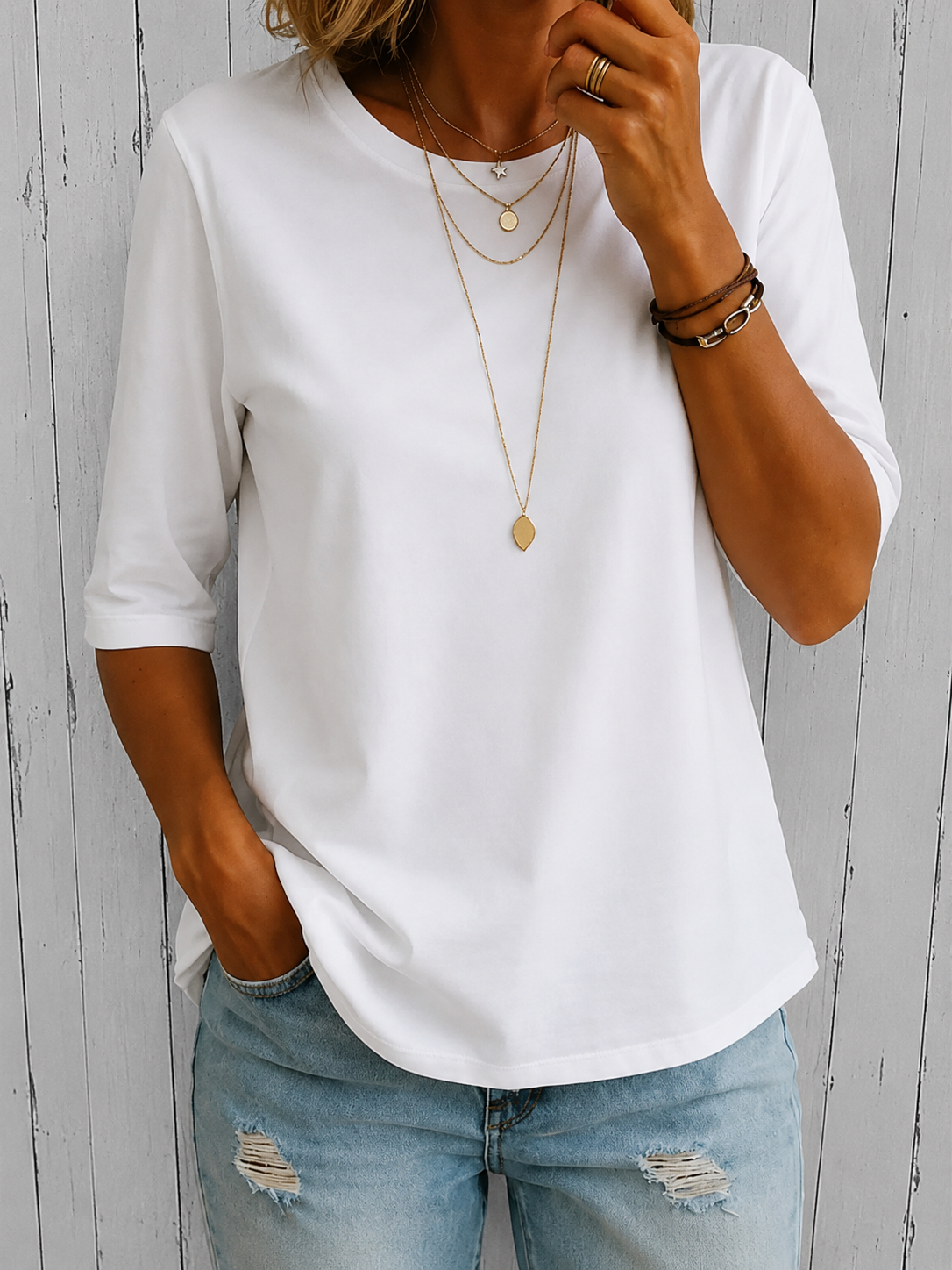 Women's Crew Neck Top with Three-Quarter Sleeves - White