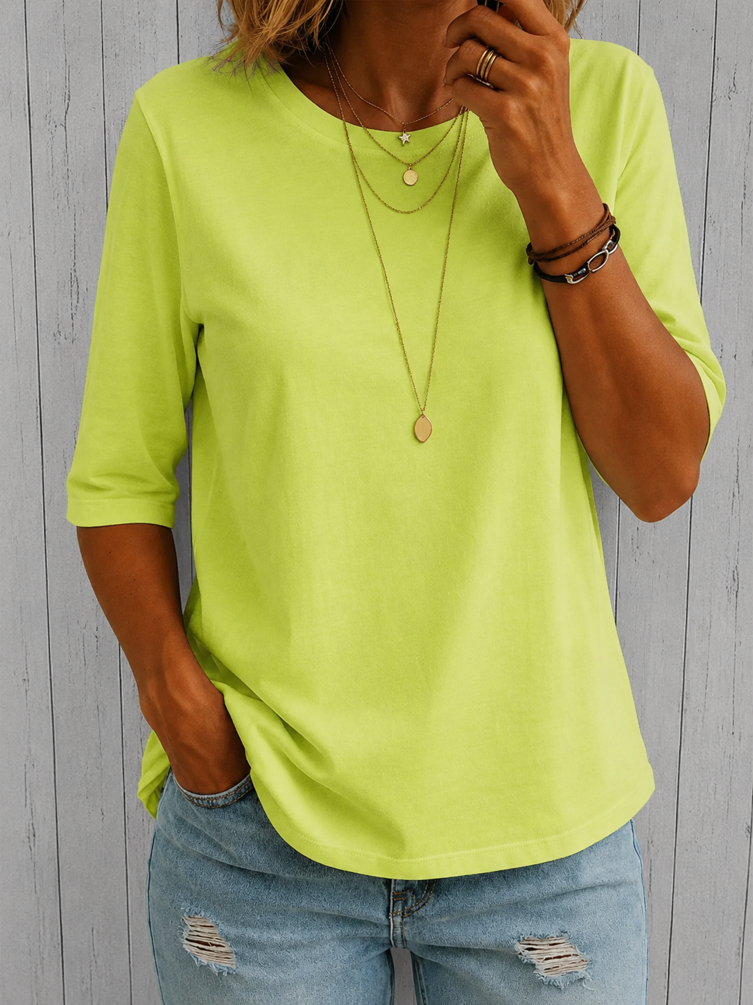 Women's Crew Neck Top with Three-Quarter Sleeves - Green