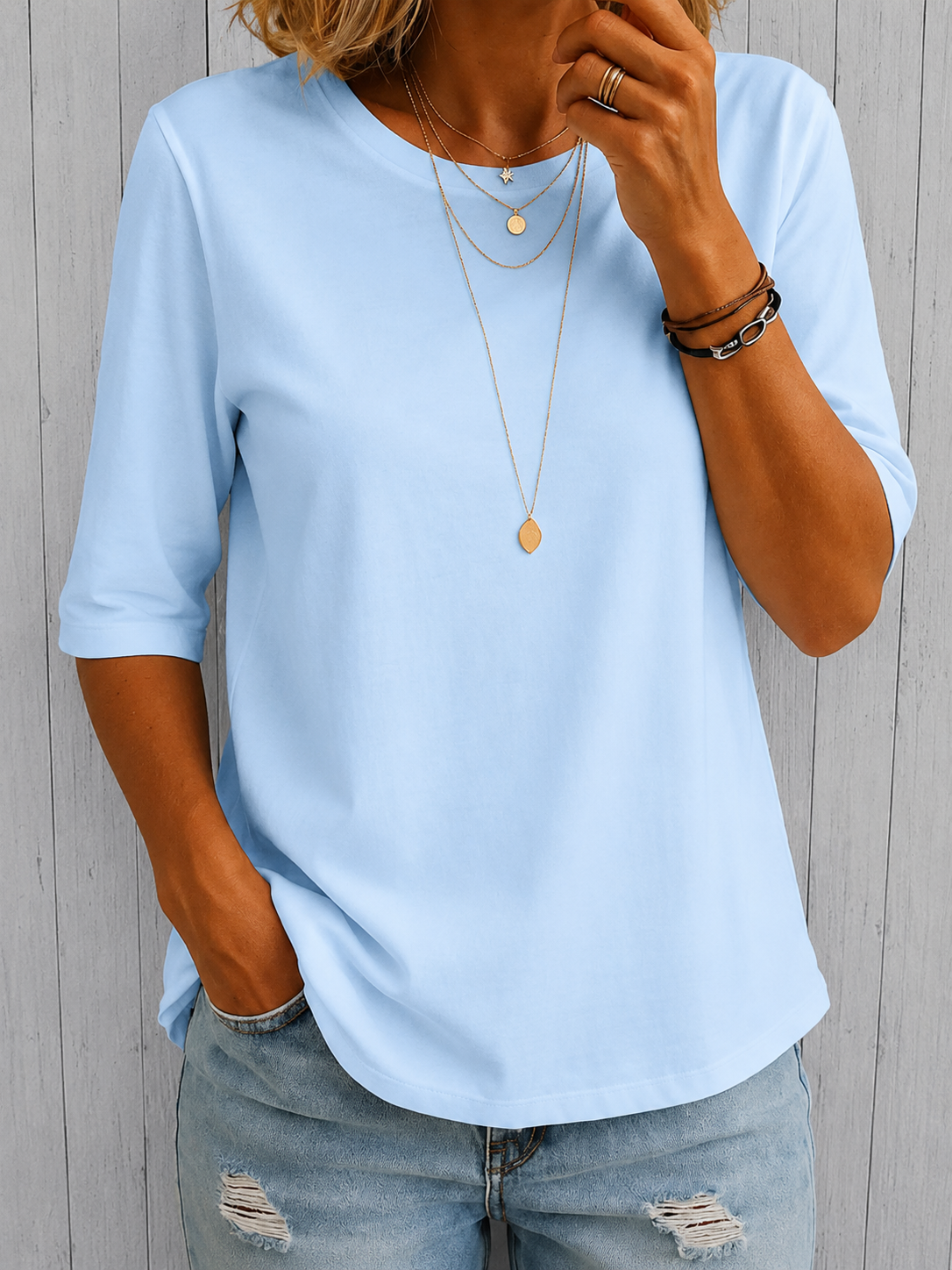 Women's Crew Neck Top with Three-Quarter Sleeves - Blue