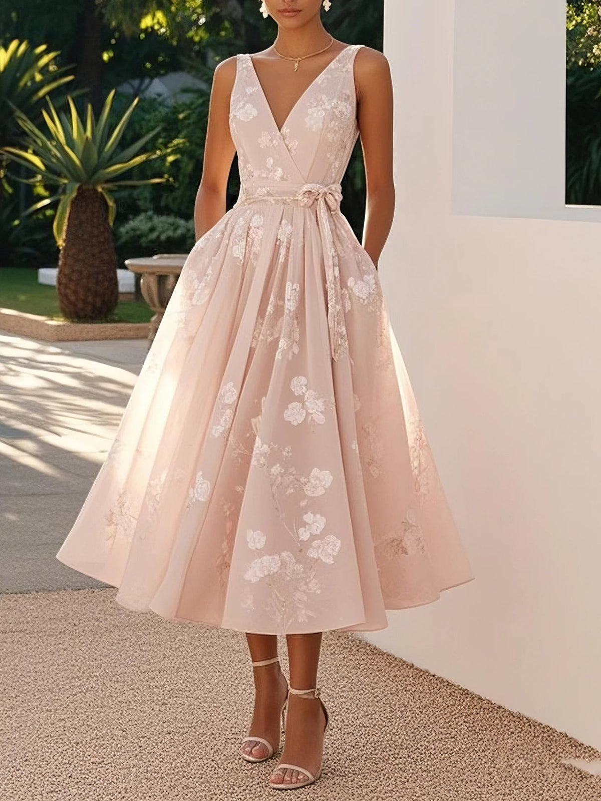 Marika - Women's Floral Midi Dress with Waist Bow