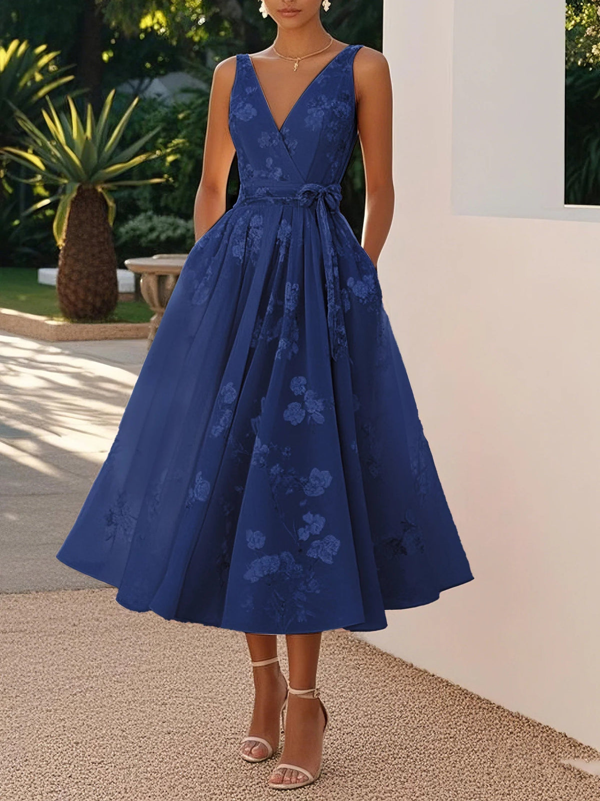 Marika - Women's Floral Midi Dress with Waist Bow