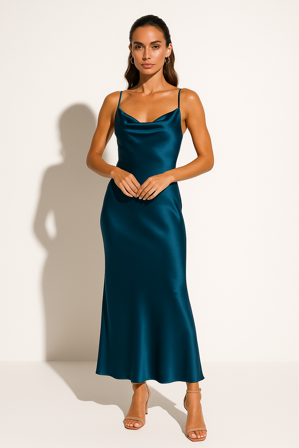 Abito maxi sottoveste in raso da donna con scollo a cascata