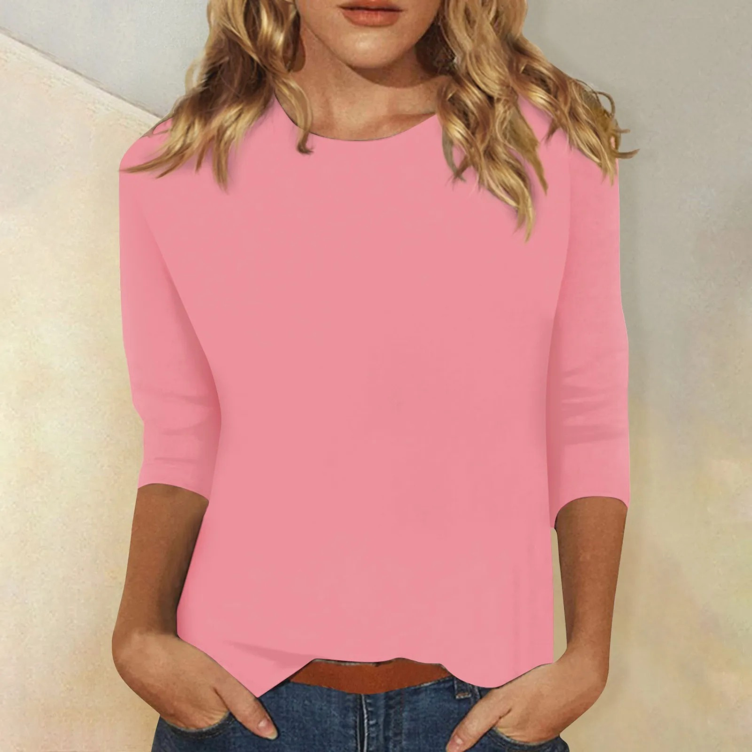 Women's Relaxed Fit Round Neck Top with 3/4 Sleeves - photo 1