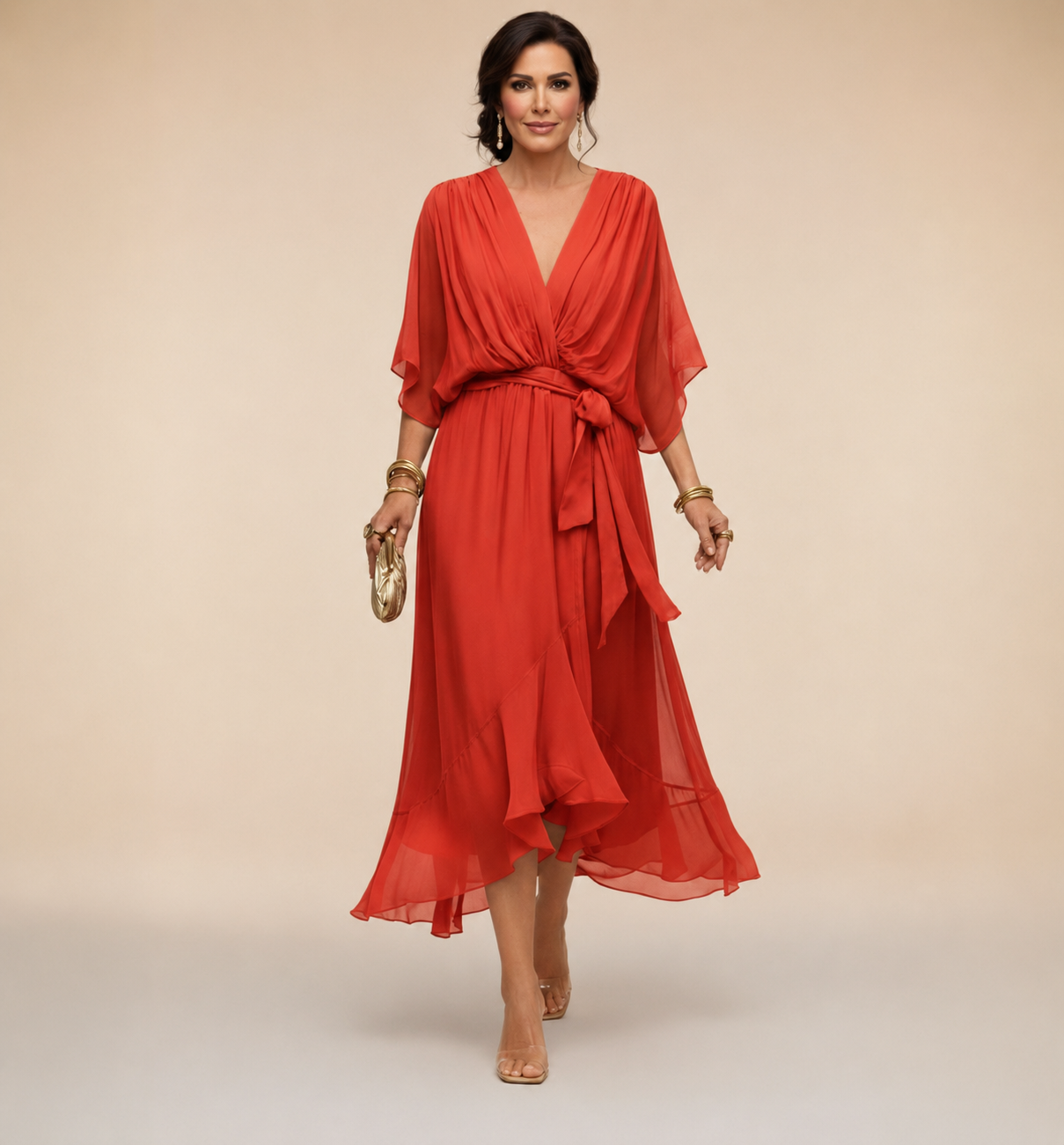 Donna - Abito midi da cerimonia in chiffon da donna con cintura annodata