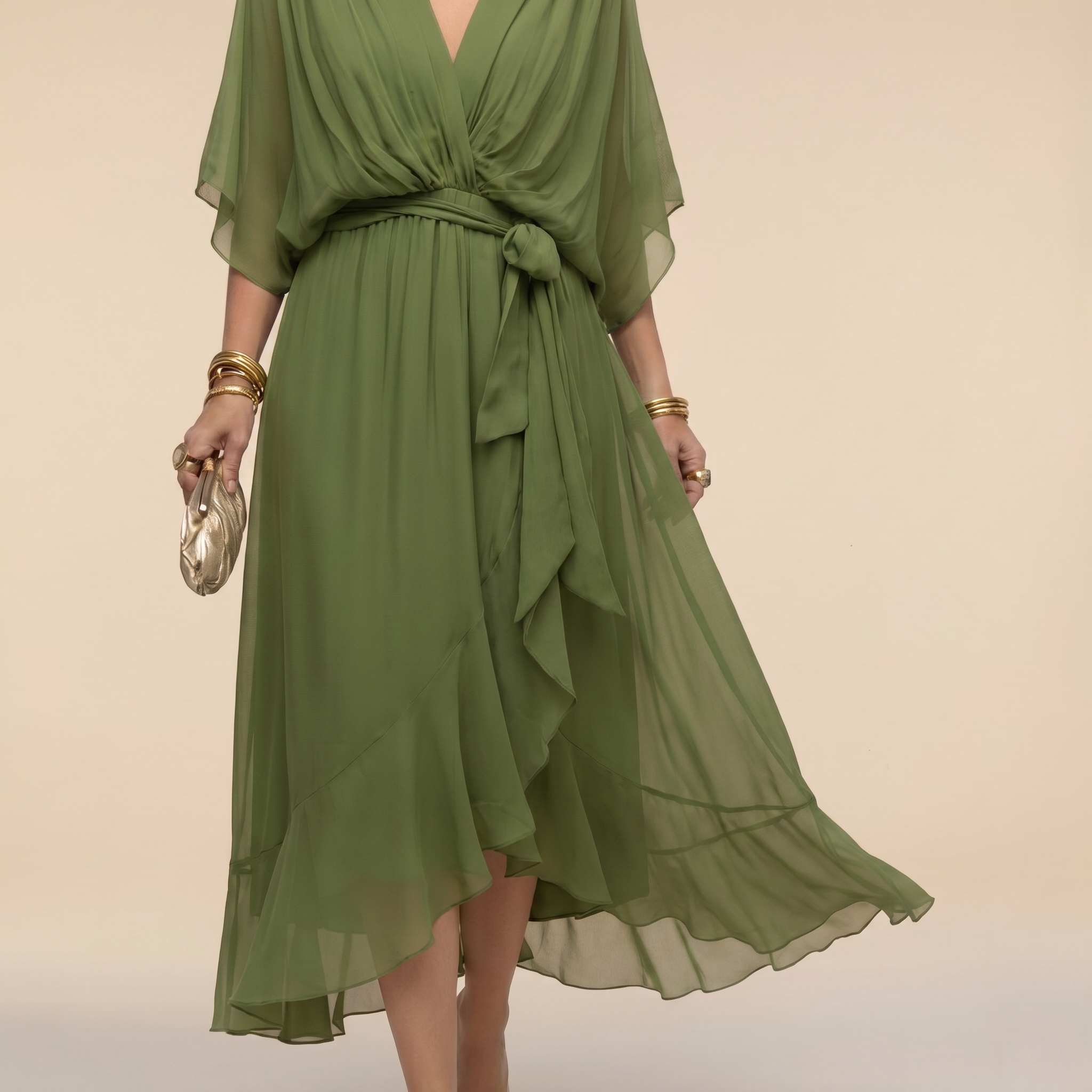 Donna - Abito midi da cerimonia in chiffon da donna con cintura annodata