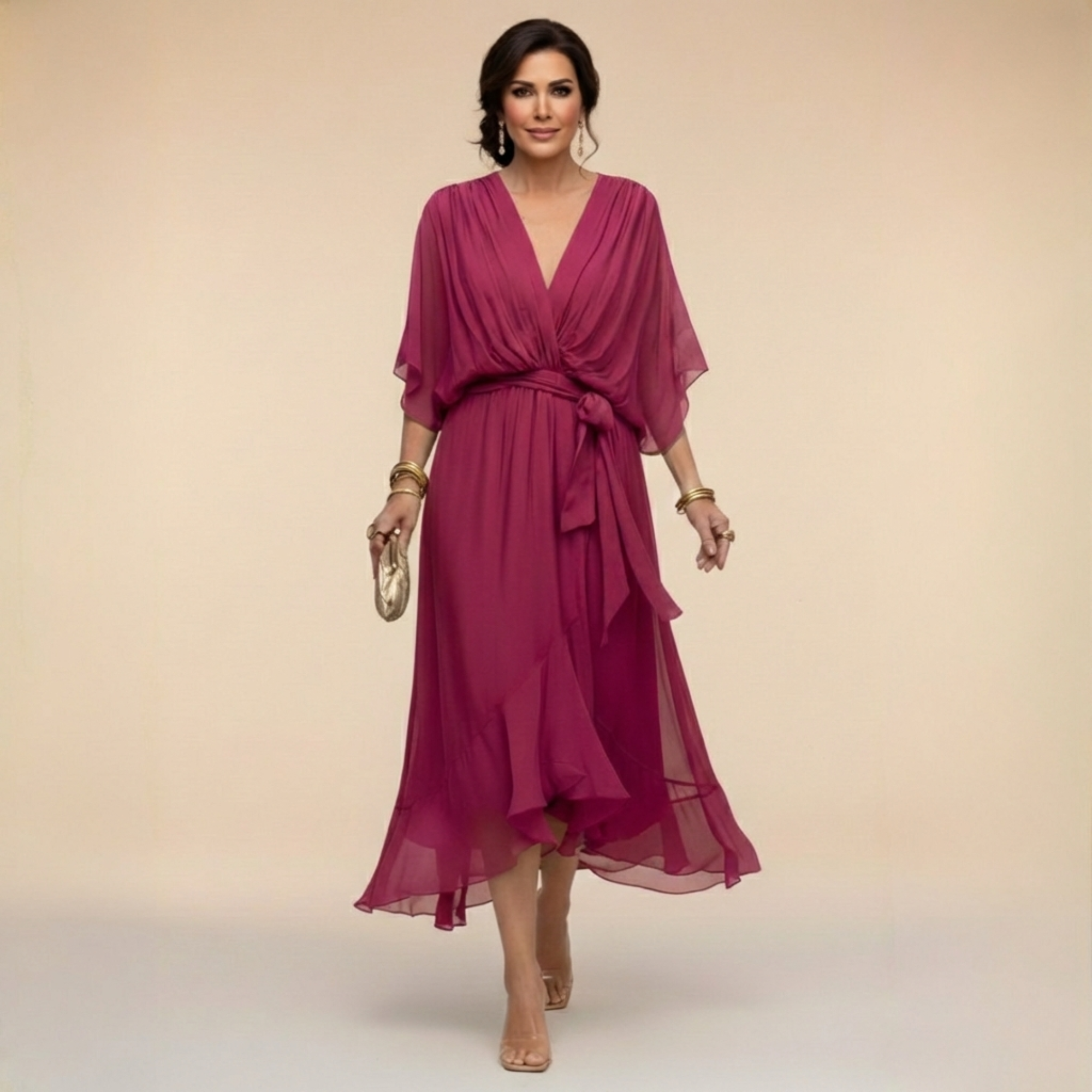 Donna - Abito midi da cerimonia in chiffon da donna con cintura annodata