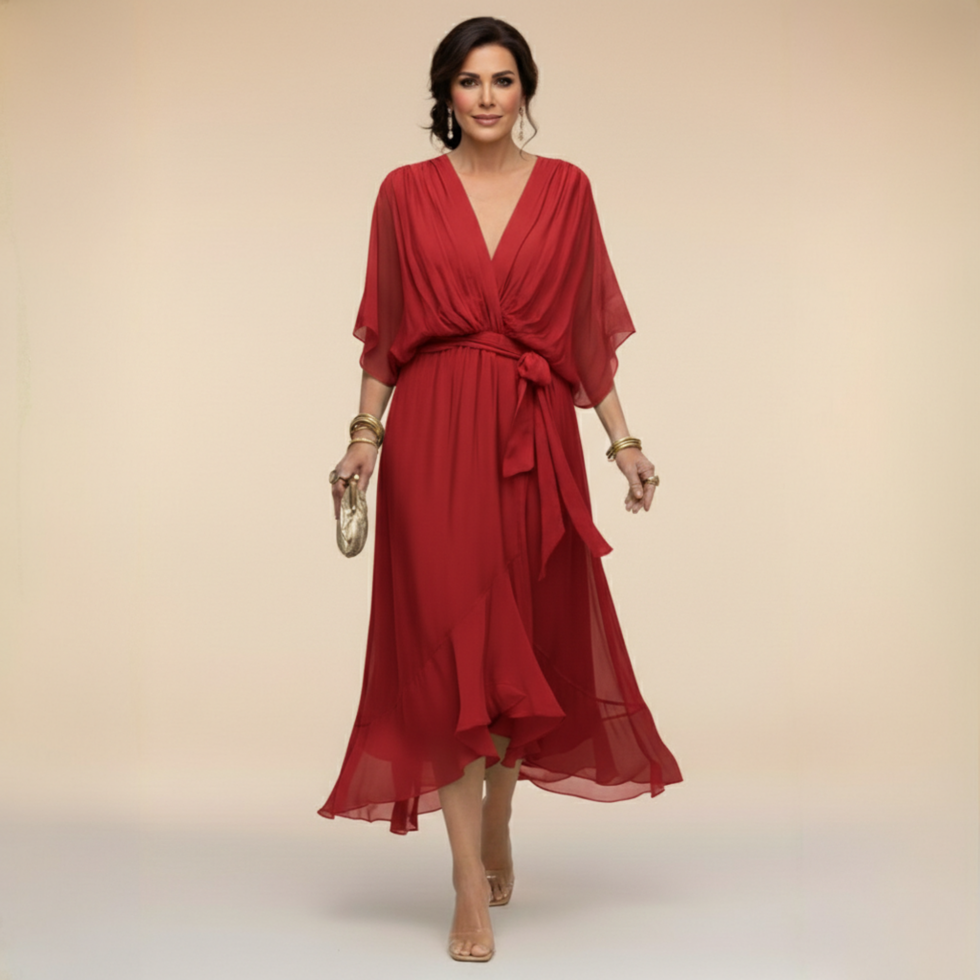 Donna - Abito midi da cerimonia in chiffon da donna con cintura annodata