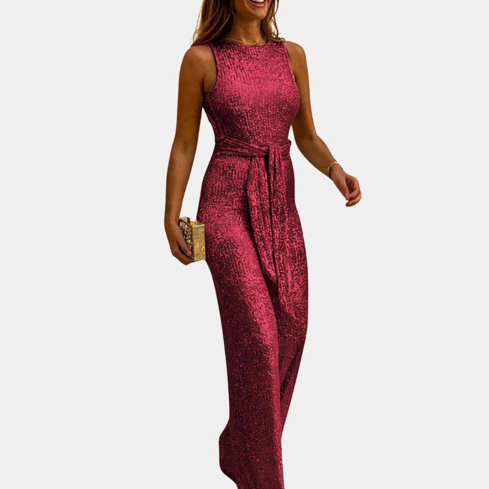 Monica - Women's Glitter Party Jumpsuit - Red