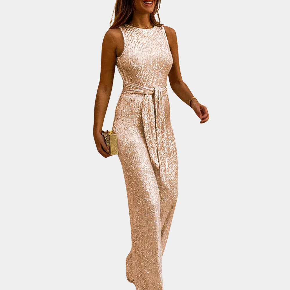 Monica - Women's Glitter Party Jumpsuit - Beige