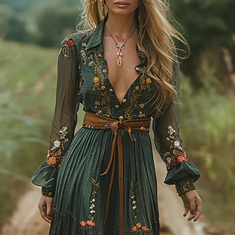 Rochie maxi boho de damă cu broderie și mâneci lungi