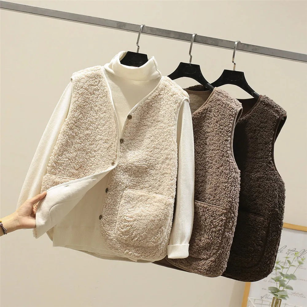Women's Teddy Gilet with Button Placket and Side Pockets