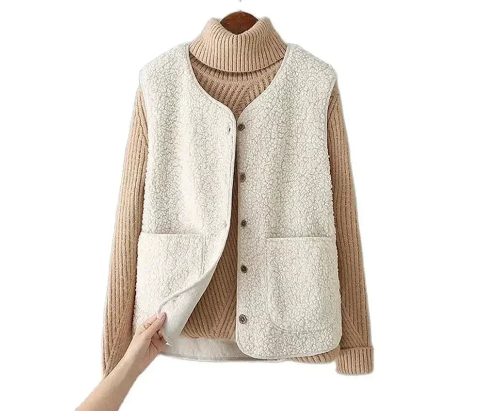 Women's Teddy Gilet with Button Placket and Side Pockets - Beige