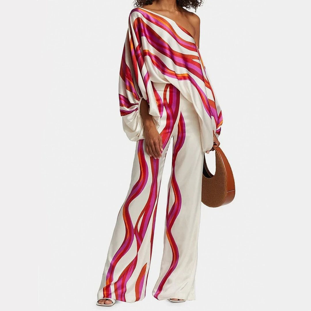 Women's Wavy Print Batwing Top and Wide Leg Set - photo 2