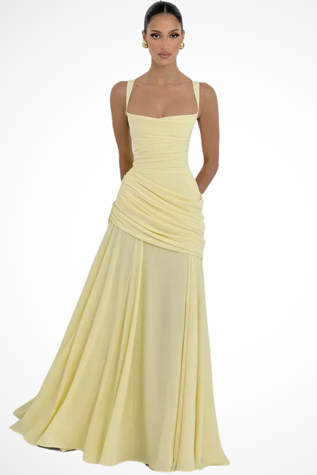 Women's Square Neck Ruched Evening Maxi Dress