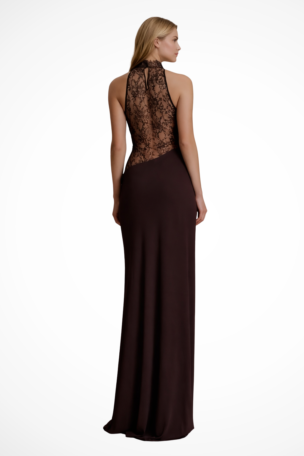 Abito lungo in pizzo da donna con scollo all’americana, ideale per invitate a matrimoni