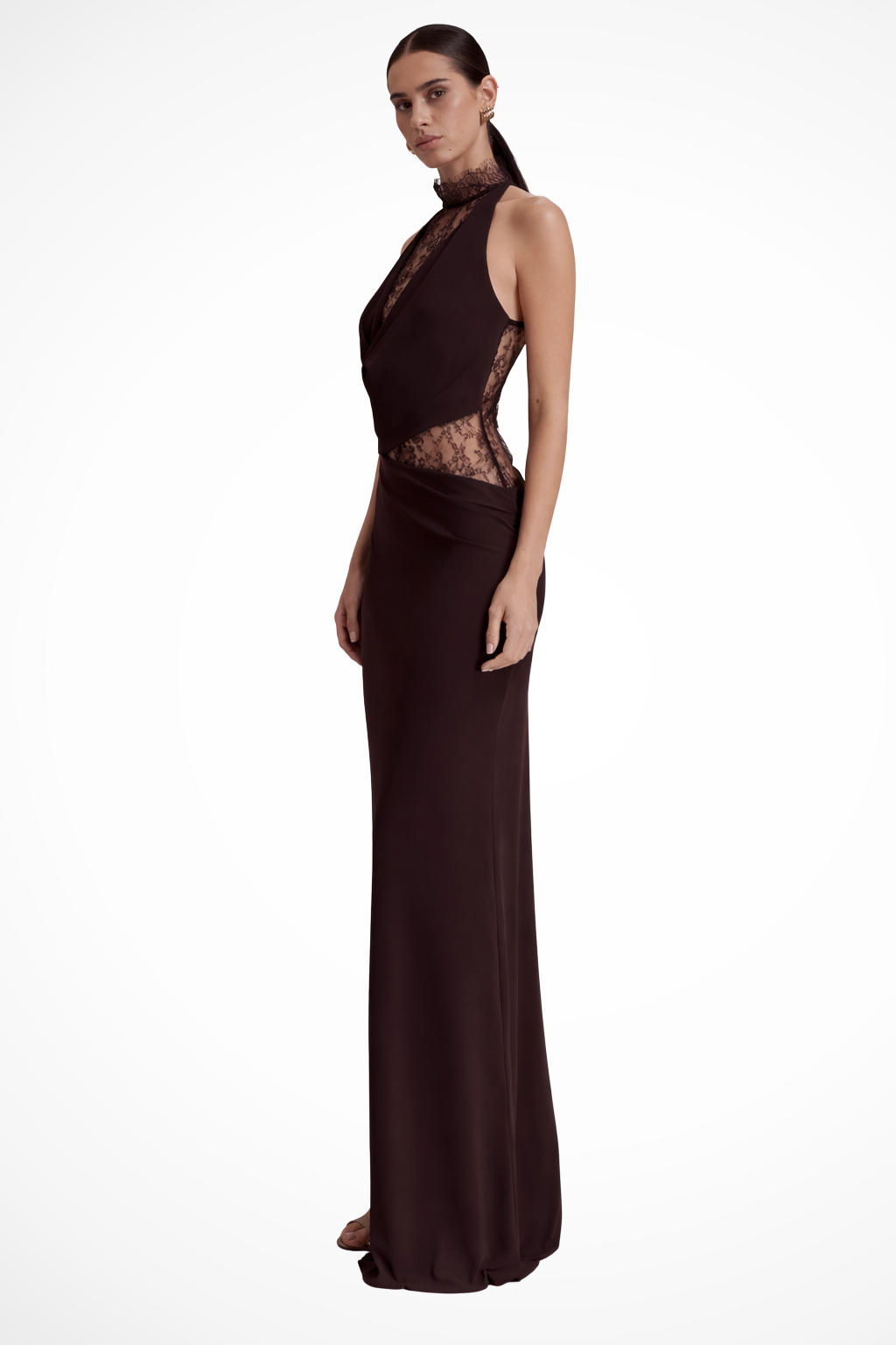 Abito lungo in pizzo da donna con scollo all’americana, ideale per invitate a matrimoni
