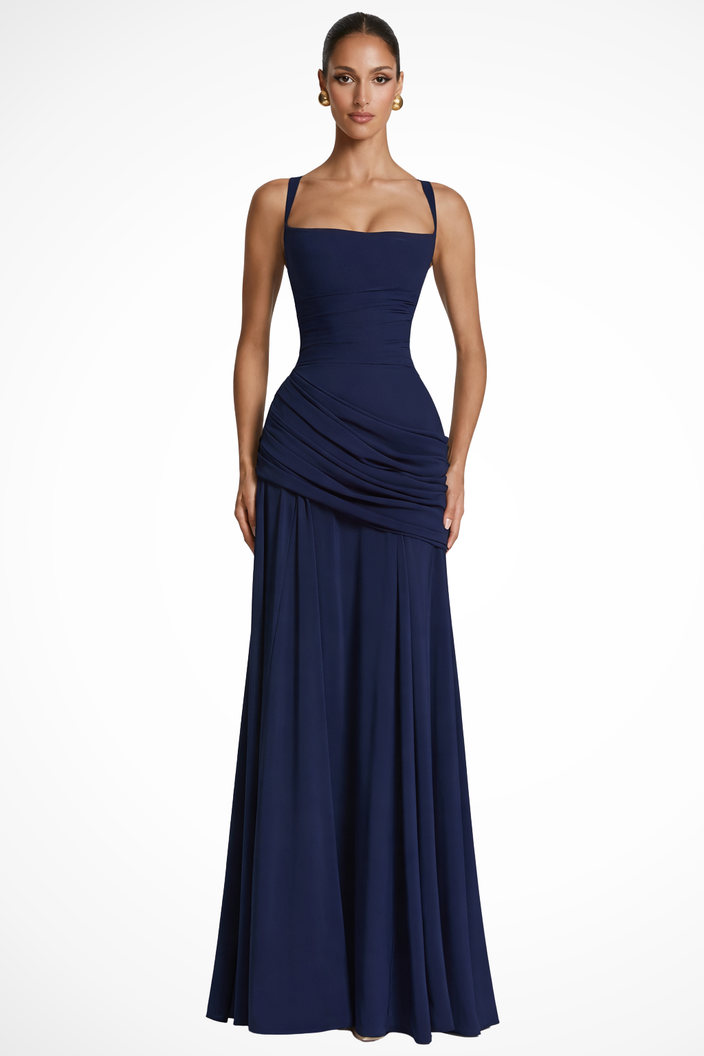 Women's Square Neck Ruched Evening Maxi Dress