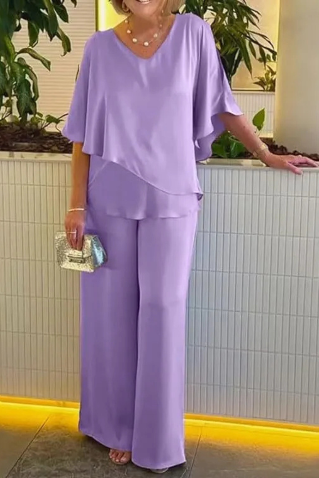 Women's V Neck Wide Leg Two Piece Trouser Suit - photo 10