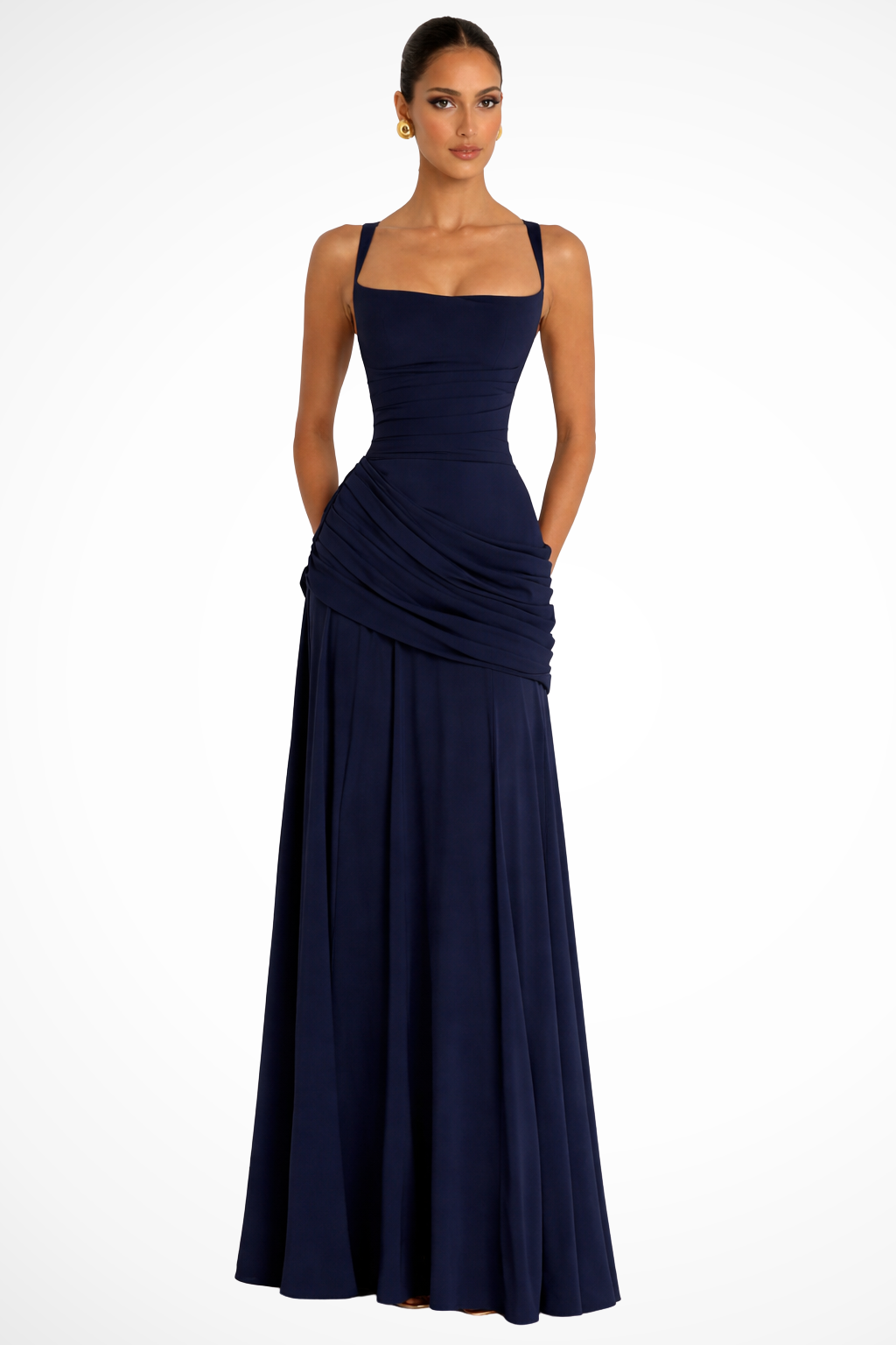 Women's Square Neck Ruched Evening Maxi Dress