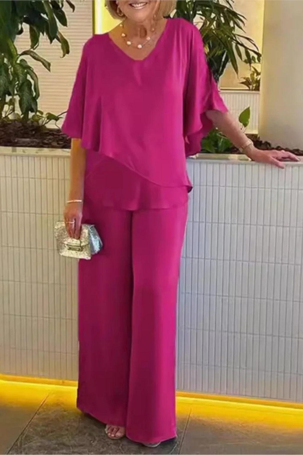 Women's V Neck Wide Leg Two Piece Trouser Suit - photo 12