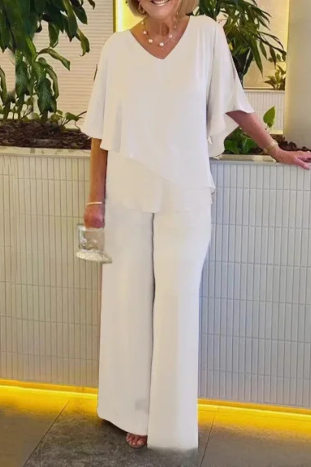 Women's V Neck Wide Leg Two Piece Trouser Suit - photo 6