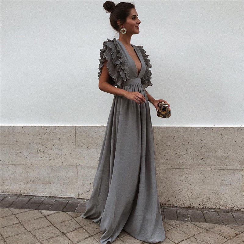 Ariella - Rochie maxi elegantă cu mâneci cu volane