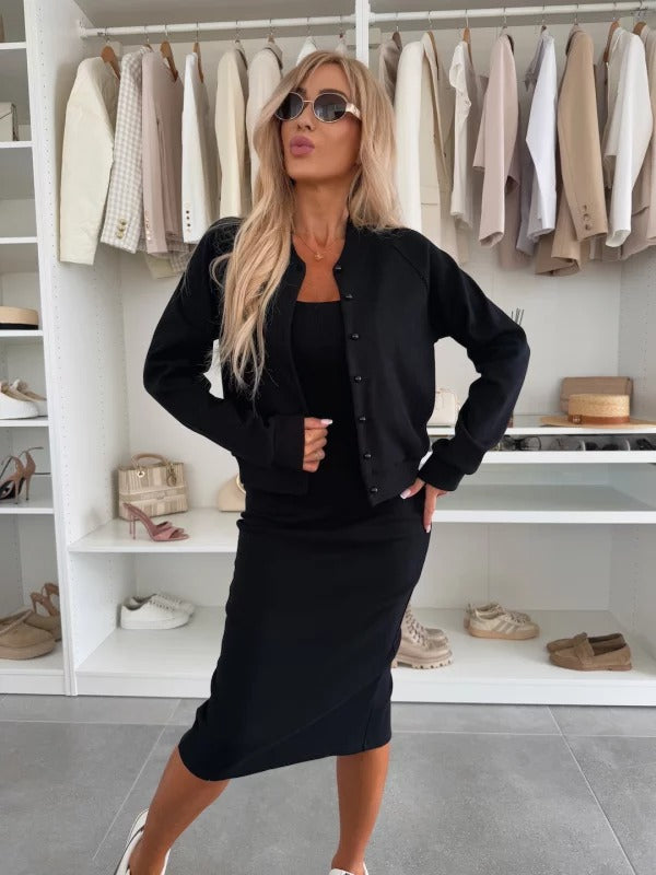 Women's Long Sleeve Cardigan and Midi Dress Two-Piece Set