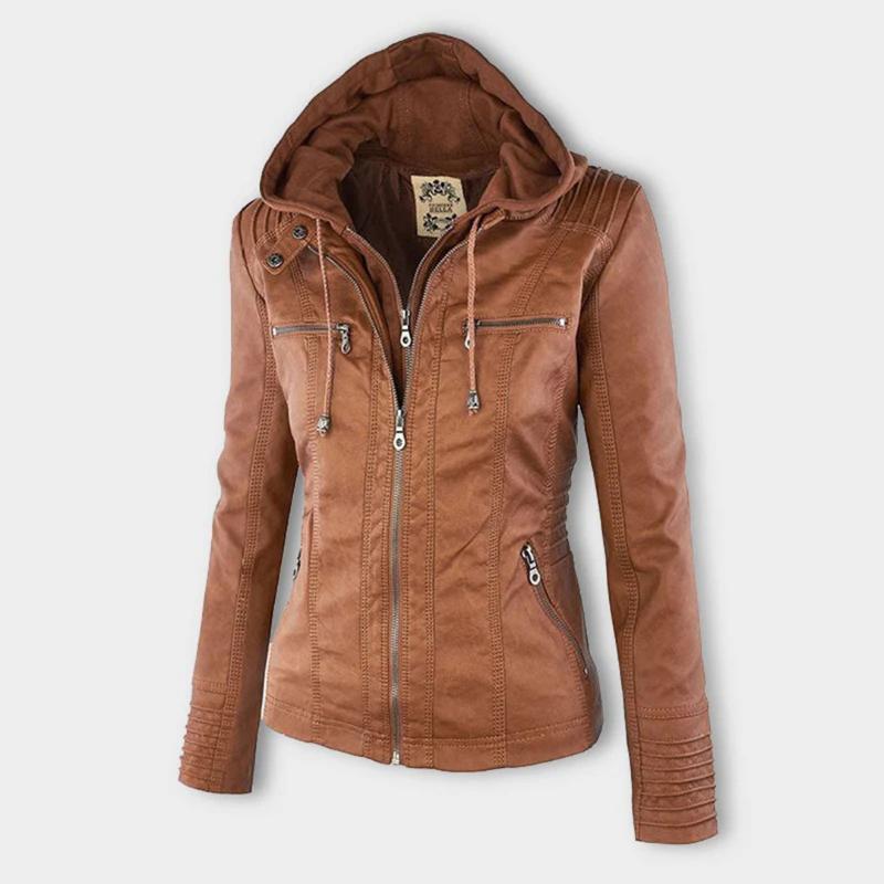 Veste Femme Style Motard à Capuche Amovible