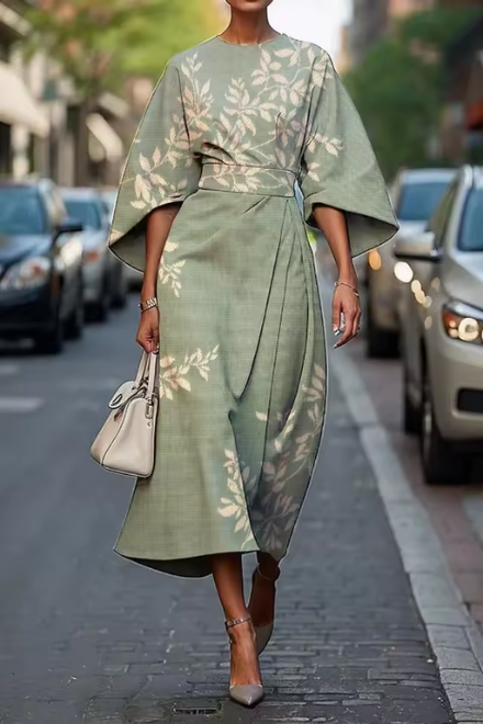 Abito midi floreale da donna con cintura, stile invitata a matrimonio