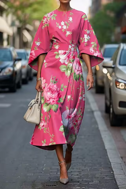 Abito midi floreale da donna con cintura, stile invitata a matrimonio