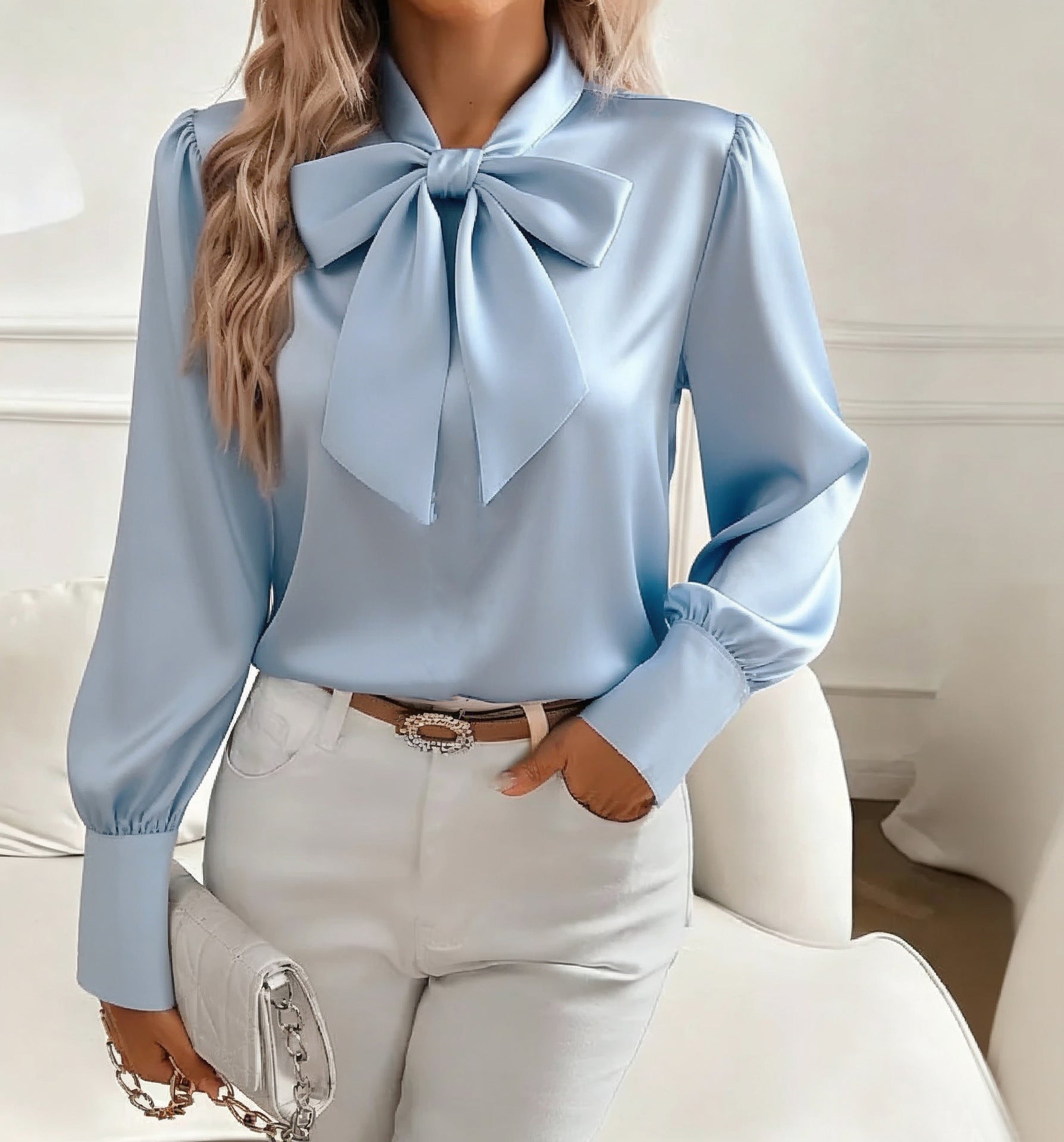 Women's Bow Tie Neck Blouse with Flowy Long Sleeves