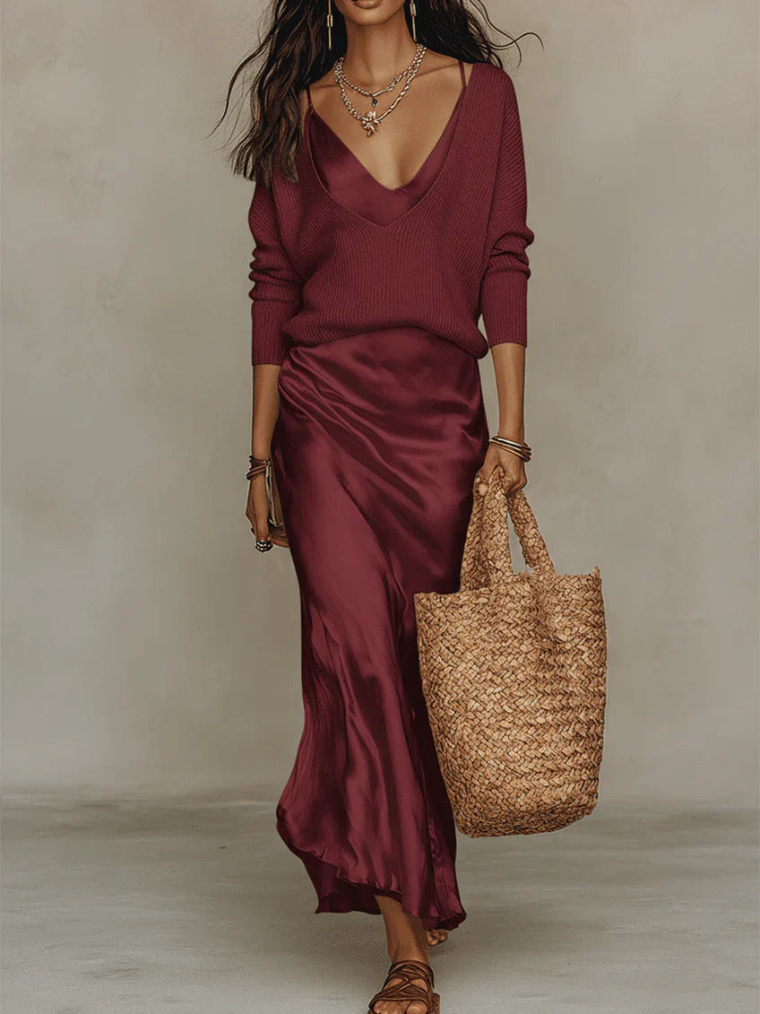 Women's Two-Piece Satin Maxi Dress with V-Neck Sweater - photo 9