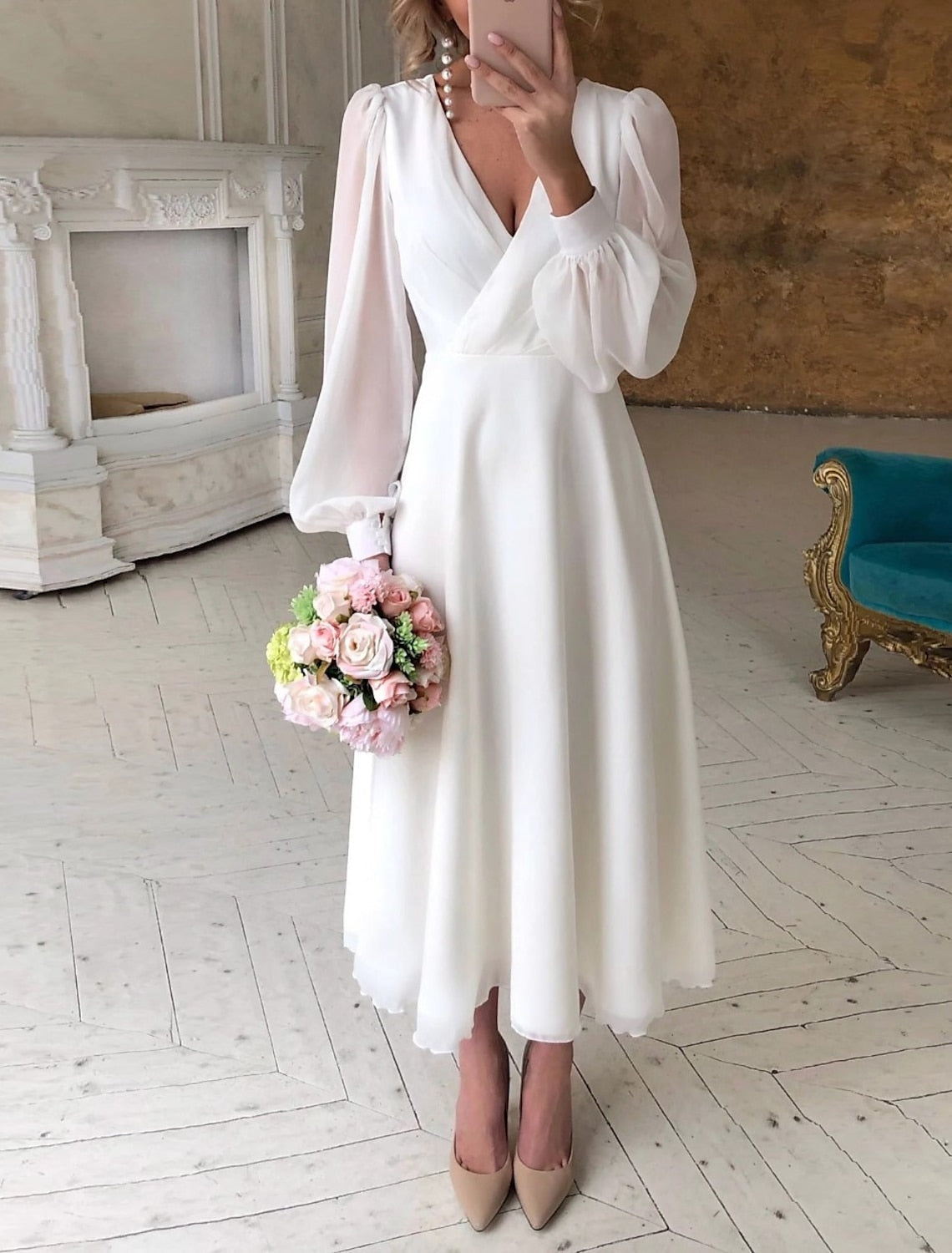 Women's White Wedding Dress with Puff Sleeves