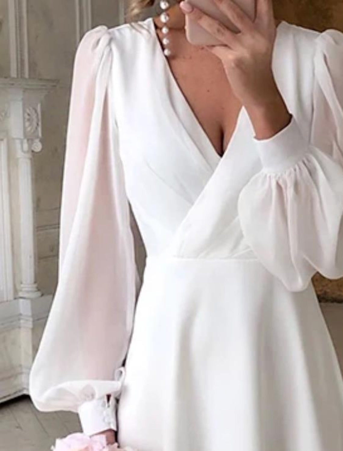 Women's White Wedding Dress with Puff Sleeves