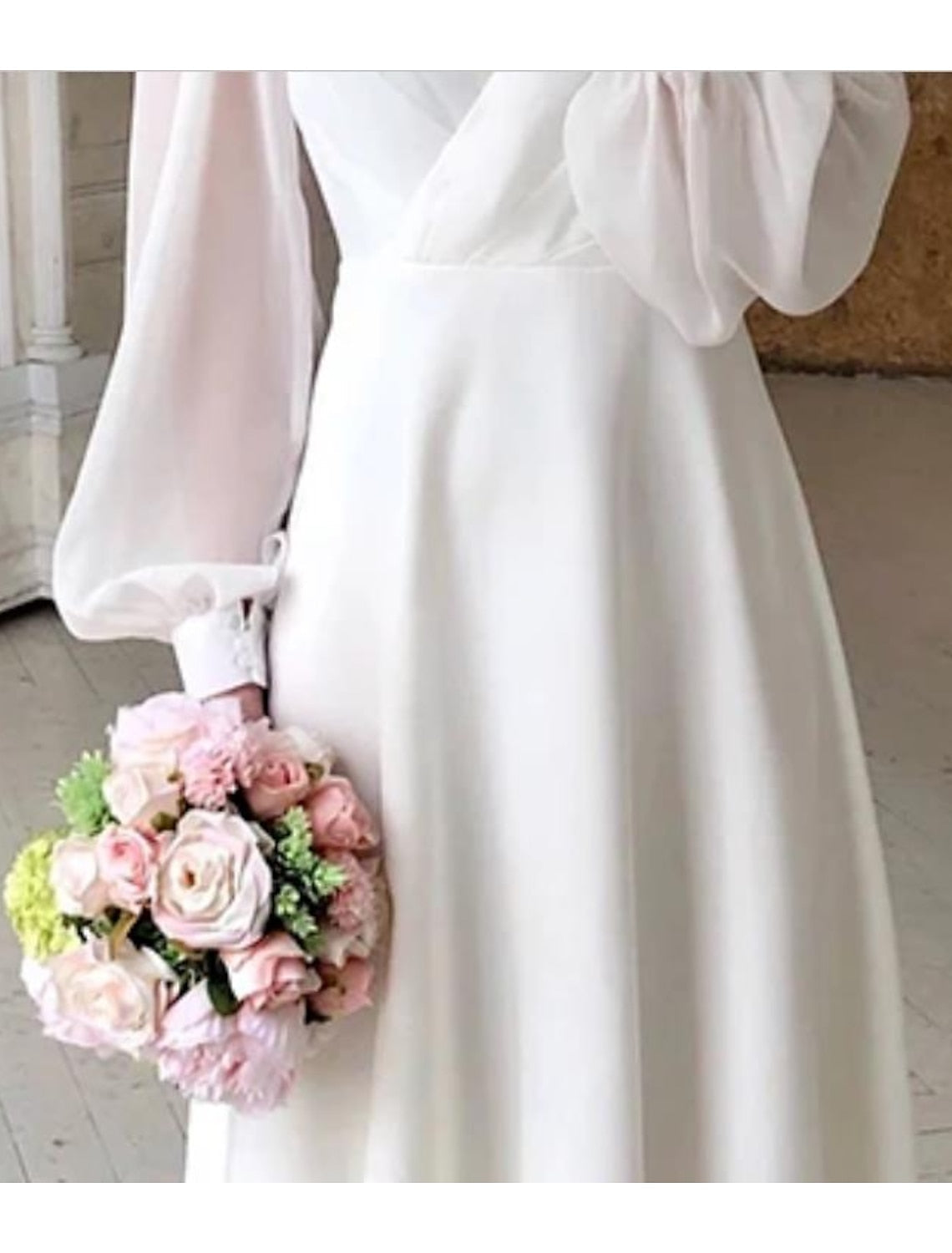 Women's White Wedding Dress with Puff Sleeves