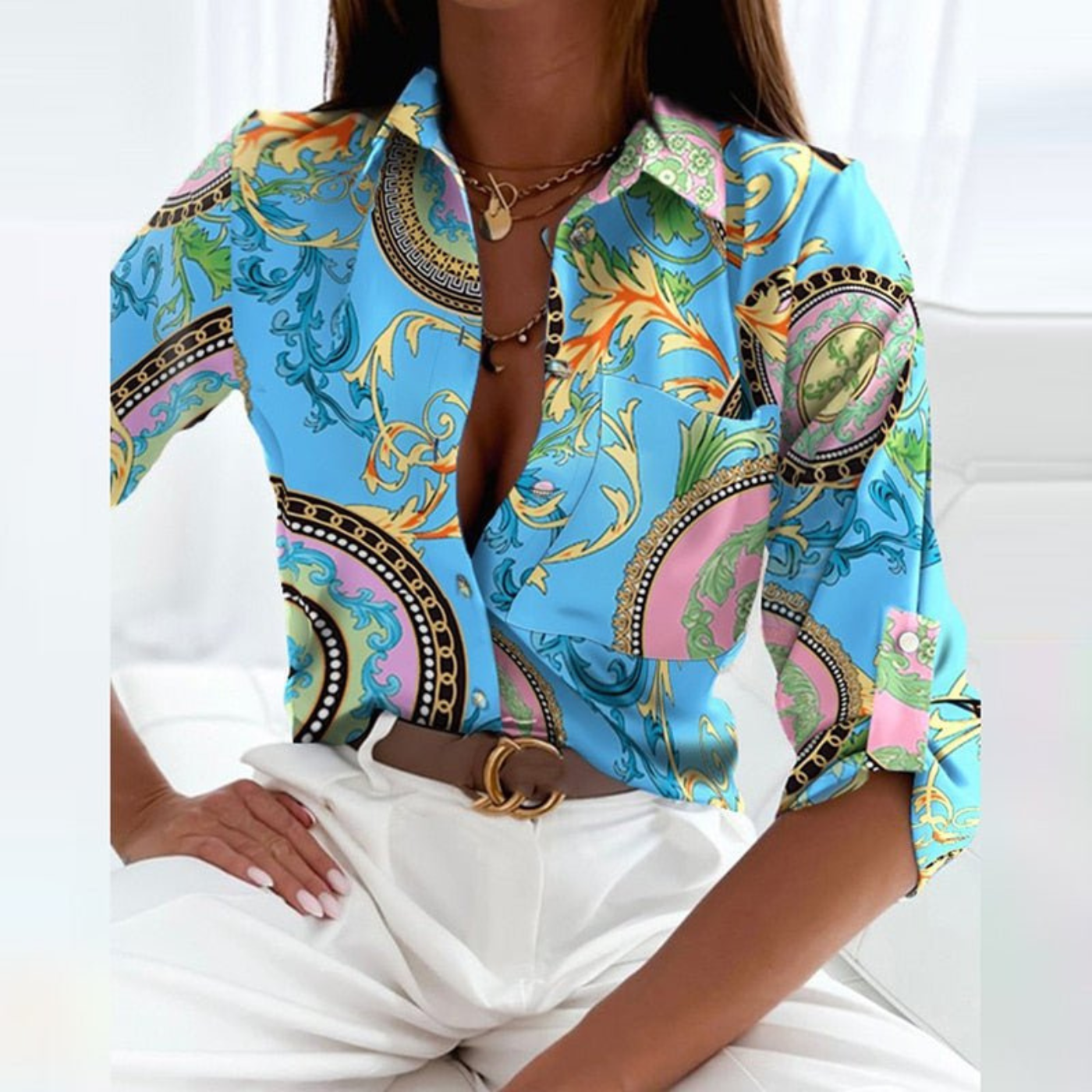 Women's Satin Geometric Print Button-Down Blouse - photo 13