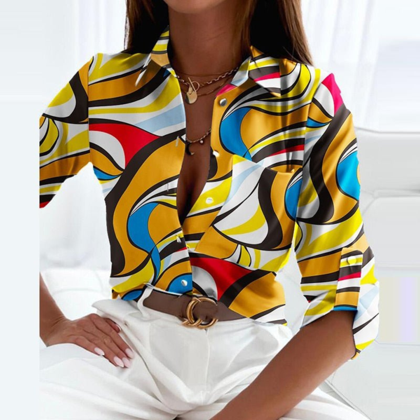 Women's Satin Geometric Print Button-Down Blouse - photo 15