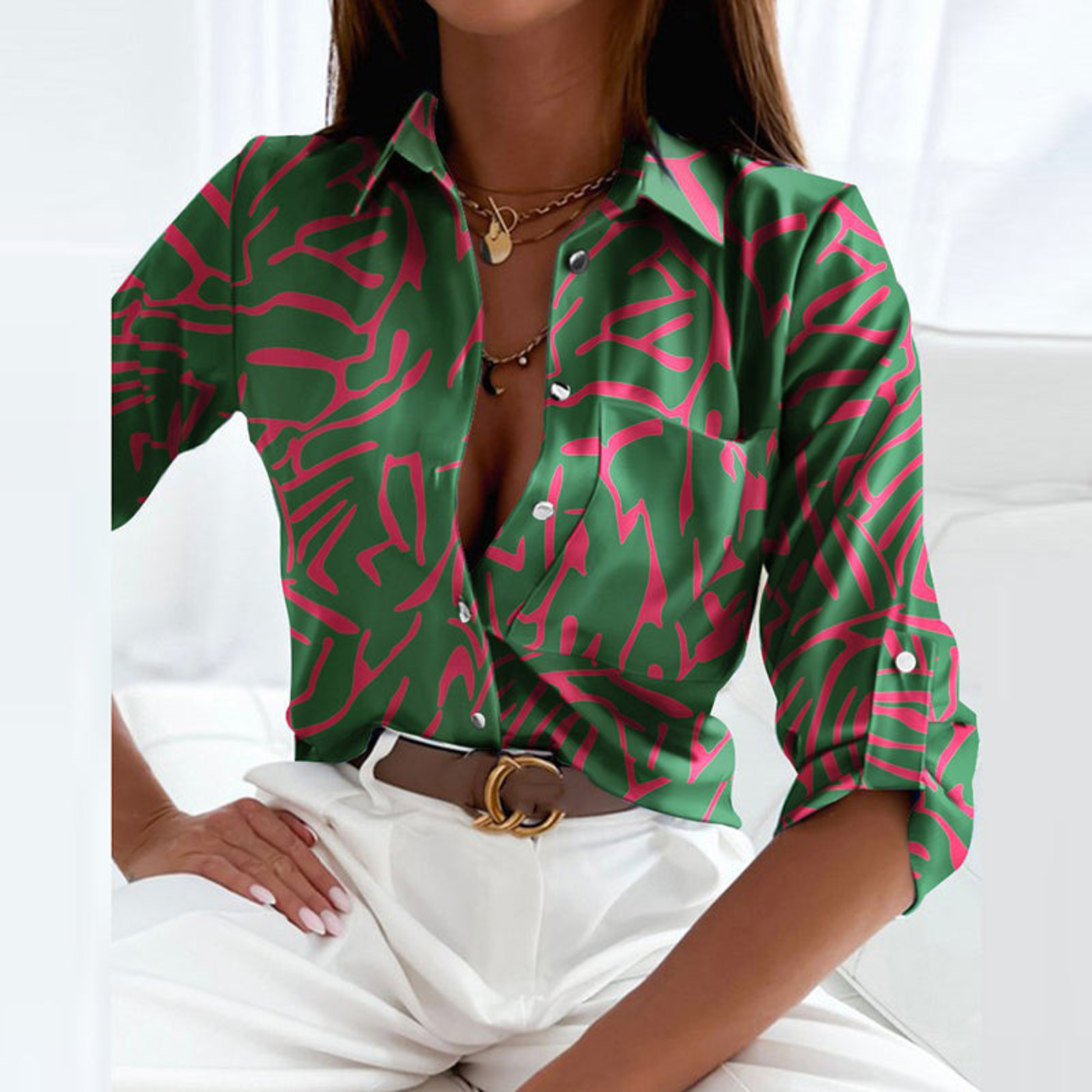 Women's Satin Geometric Print Button-Down Blouse - photo 16