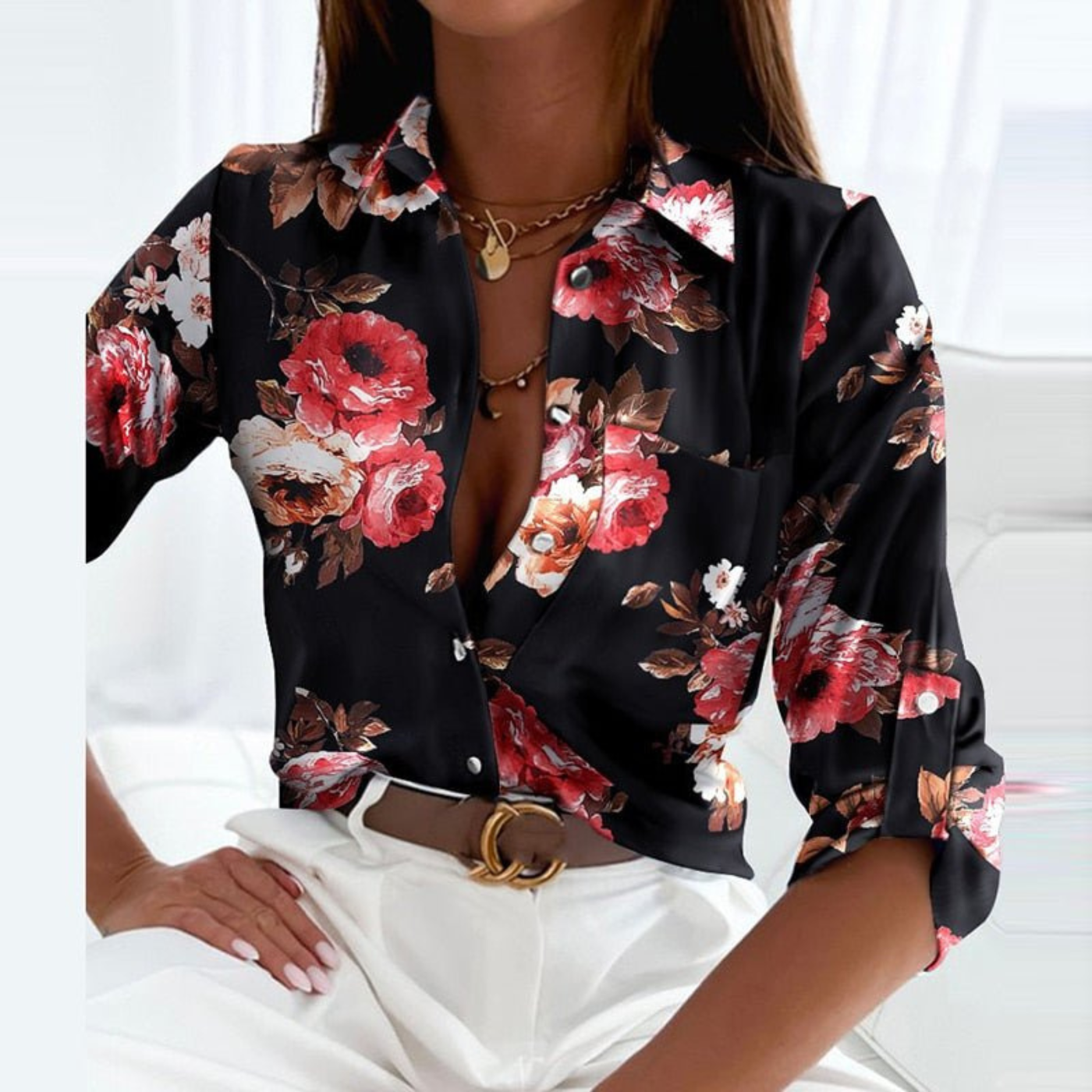 Women's Satin Geometric Print Button-Down Blouse - photo 5