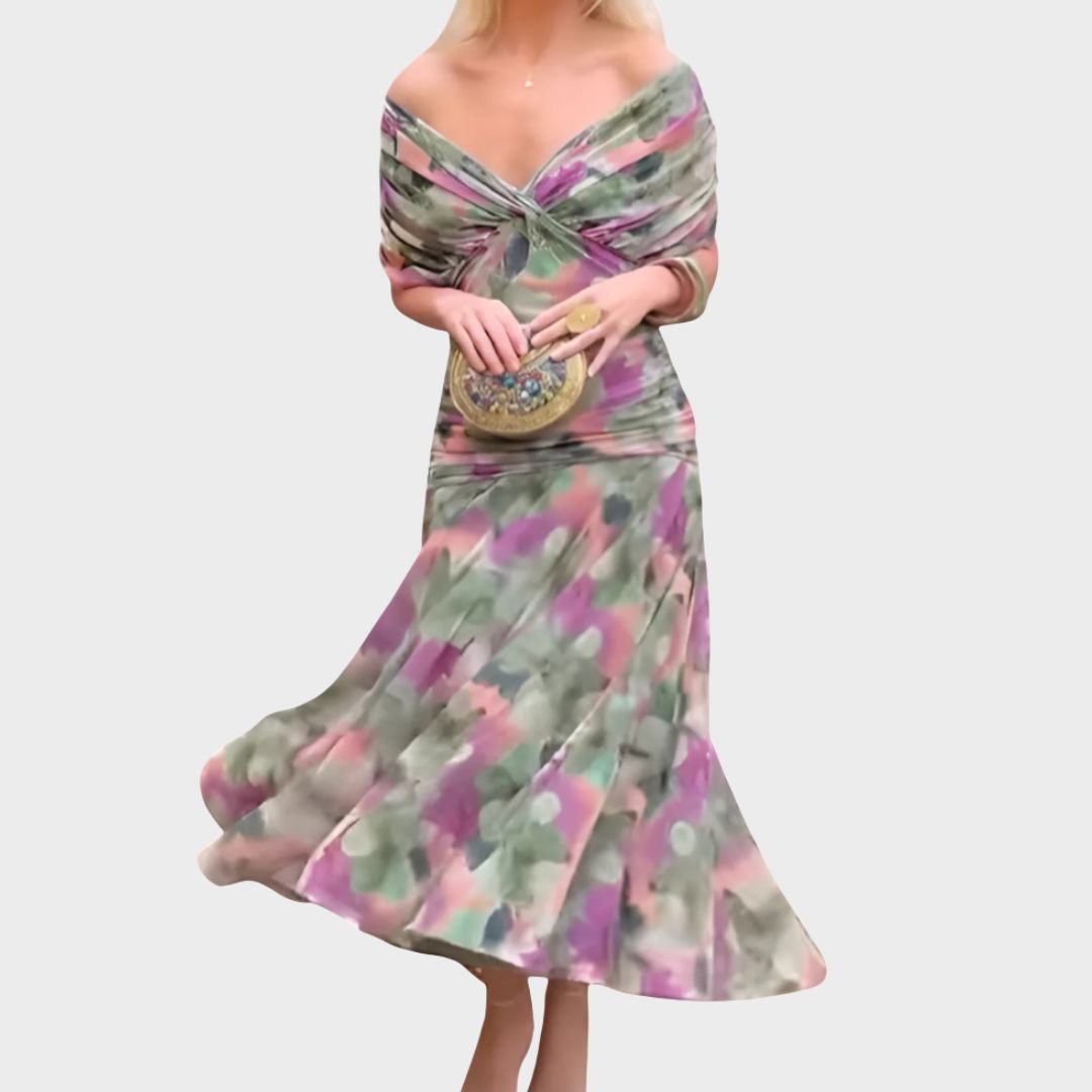 Robe Midi Femme à Épaules Dégagées et Jupe Fluide
