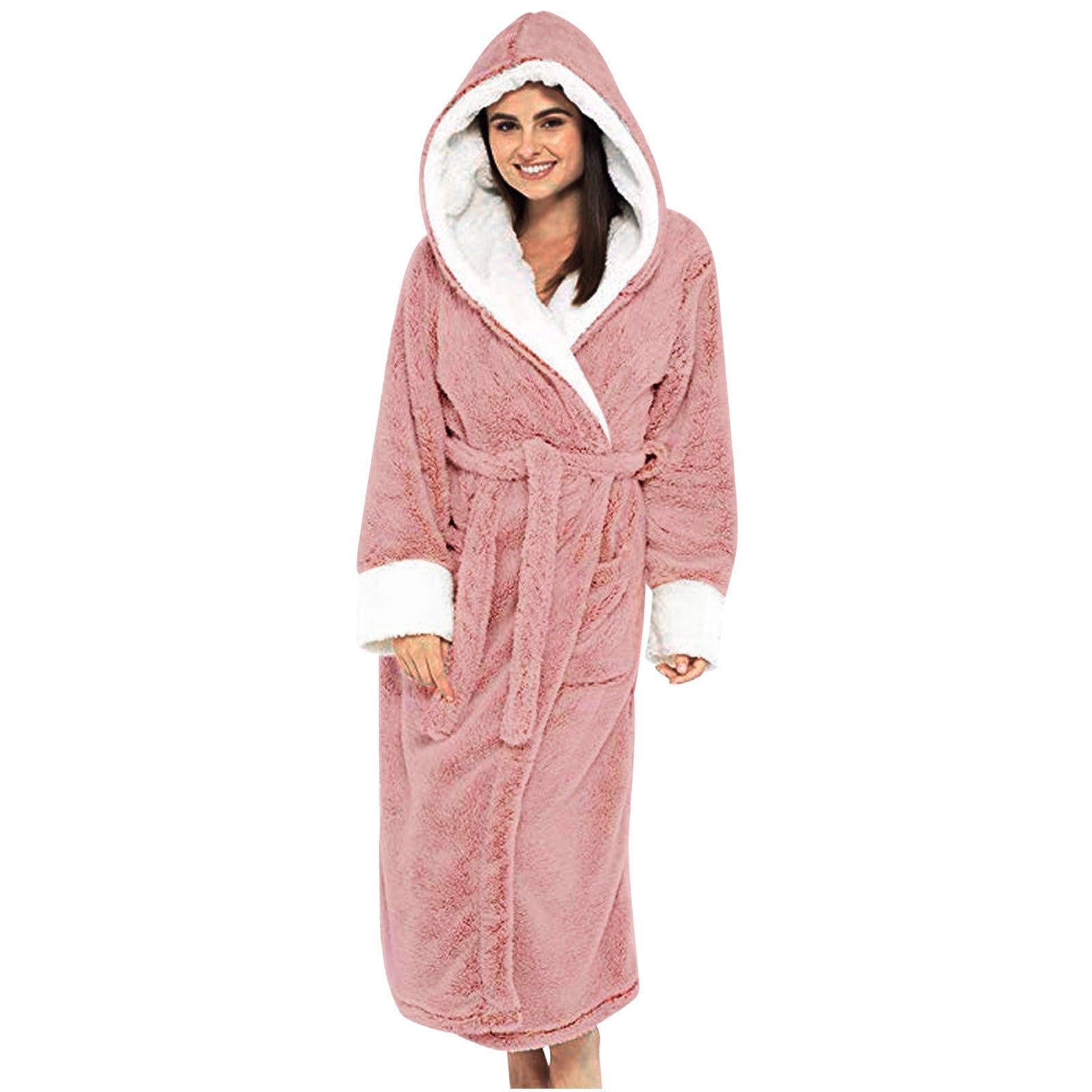 Women's Fleece Hooded Bathrobe with Tie Belt