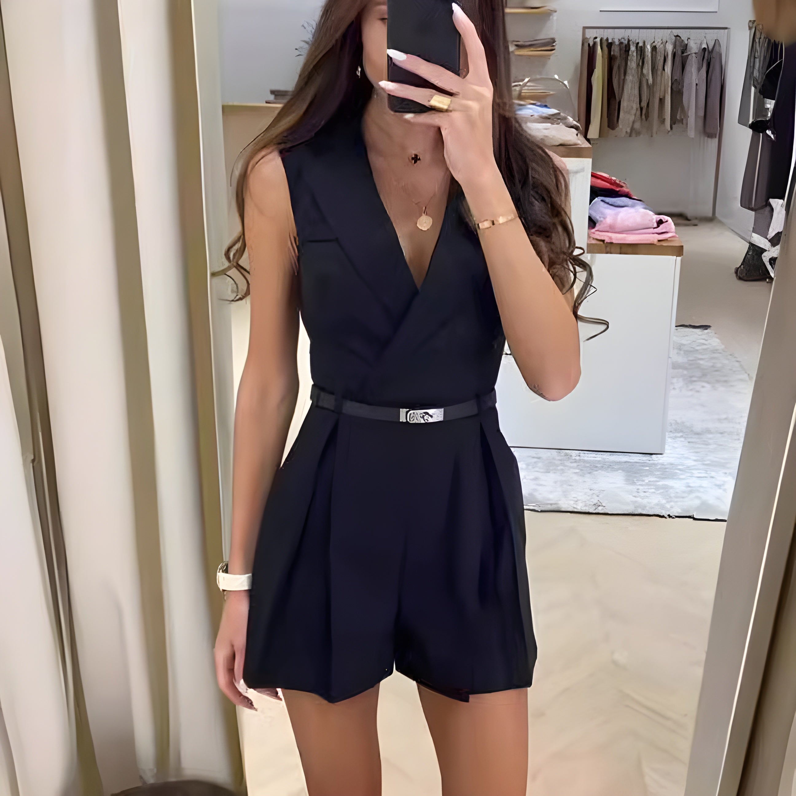 Women's Sleeveless Blazer Romper with Slim Belt - photo 3