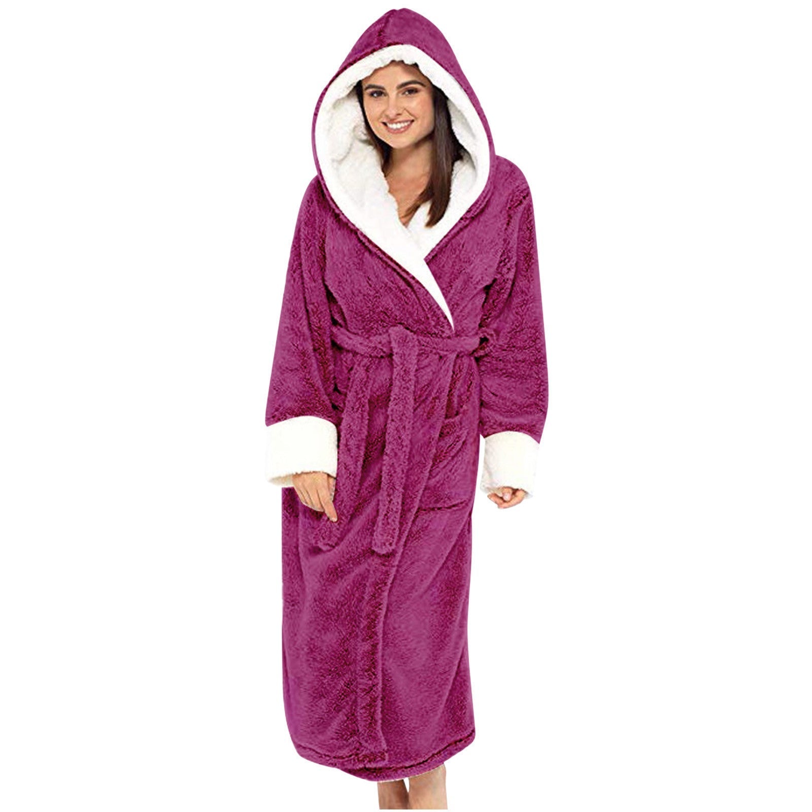Women's Fleece Hooded Bathrobe with Tie Belt